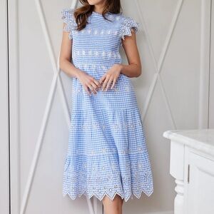 NWT Sail To Sable Flutter Sleeve Smocked Midi Dress In Blue Gingham, S